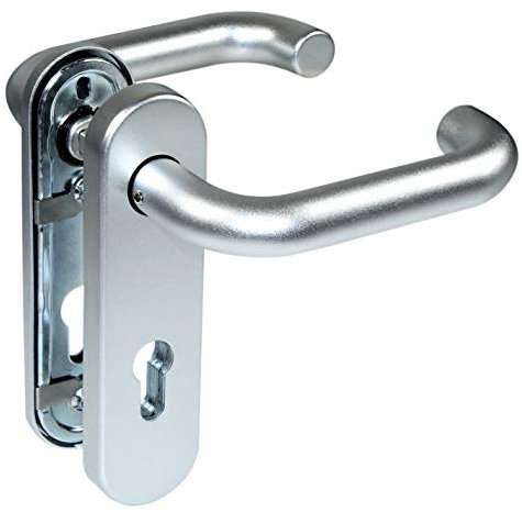 SN-TEC Stahltür FH Tür Schutzbeschlag für Feuerschutztüren, mit beidseitig Drücker, abgerundetes Schild, Aluminium F1 mit 14mm Stahlplatte