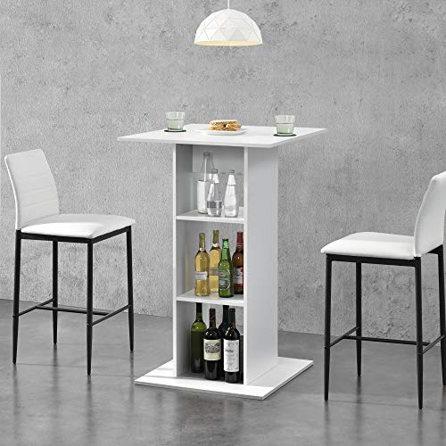 [en.casa] Mesa de Bar Mesa Bistro Elegante 70 x 70 x 110 cm Mesa Alta Cocina Barra integrada para Bebidas con 3 Estantes Blanco