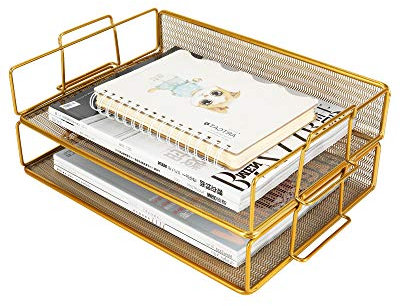 EasyPAG Stapelbare Briefablage mit 2 Ebenen, Schreibtisch-Organizer | stapelbare Papierablage | The Mesh Collection | Gold