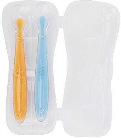 Cikonielf Babylöffel 2er Fütterlöffel Breilöffel Löffel aus Silikon Babybesteck zum Füttern für Baby und Kleinkind mit Aufbewahrungsbox(gelb und blau)