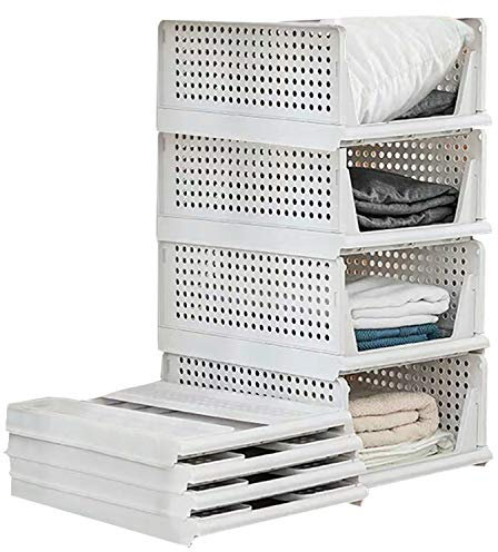 4 Set Faltbar Kleiderschrank-Aufbewahrungsboxen Plastik Lagerkisten Regal Körbe Falten Küche Schubladeneinsätze Stapelbare Lagerkästen Transport boxen Schrankbehälter Cube Ausziehbare Schublade - Weiß