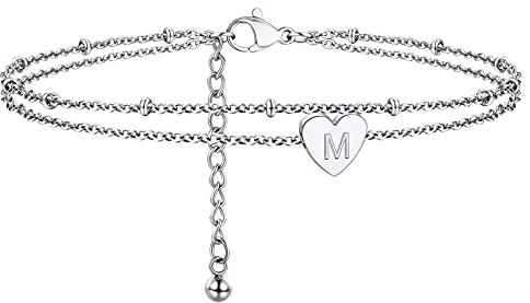 PROSTEEL Damen Buchstaben Fußkette Edelstahl/18k vergoldet zweilagige Fußarmband mit Herz Charms Minimalist Mädchen Fußkettchen 22+5cm verstellbar Knöchel Armband Sommer Schmuck Accessoire