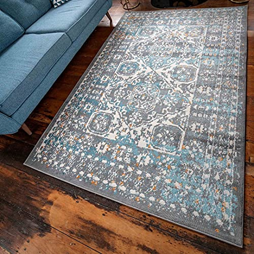 Oriental Traditional Floral Medallion Antique Style Living Room Carpet Rug Grey Blue Persian Style Lounge Bedroom Hallway Area Rugs 120cm x 170cm