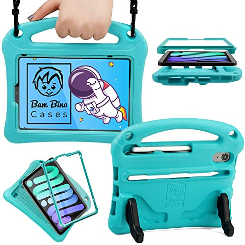 Bam Bino Space Suit Protective Kids Case for iPad Mini 7 (2024), iPad Mini 6 (2021), iPad Mini 6th Generation, Case for Kids with Screen Protector, Penic Holder & Shoulder Strap Dual Stand (Turquoise)