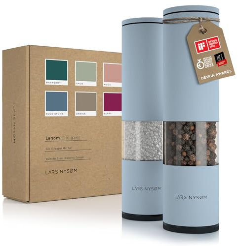 LARS NYSØM Salz und Pfeffermühle Set Manuell mit einstellbarem Keramikmahlwerk I Edelstahl Pfeffermühle und Salzmühle I Design Gewürzmühlen Set (2 Stück) (Sky Blue)