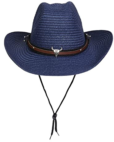 JK Home Strohhut Cowboyhut mit breiter Krempe Western-Ochsenband Cowgirl-Hüte Wild West Fedora-Kappe mit Kinnriemen Faltbares Kostümzubehör für Damen und Herren, #D Navyblue, One size