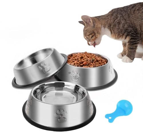 Katzennapf 3 Stück, Futternapf Katze Katzennäpfe Edelstahl rutschfest Katzen Napf Set, Haustier Fressnapf Futterschüssel Wasser Fütterung Schüssel für Katze Kleine Hunde Tiere (M-350ml)