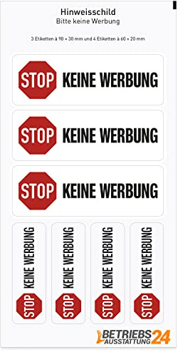 Betriebsausstattung24 7 x STOP keine Werbung Aufkleber - PROTECT-Folie, selbstklebend - 3 Stk. 9,0 x 3,0 cm / 4 Stk. 6,0 x 2,0 cm - Kratz- & abriebfest - Farbe:weiß Für Innen & Außen