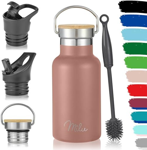 Milu Edelstahl Trinkflasche 350ml 500ml 750ml 1000ml (+3 Deckel) Thermosflasche mit Strohhalm, Isolierte Wasserflasche, Auslaufsichere Isolierflasche doppelwandig (Rose Gold, 350ml)