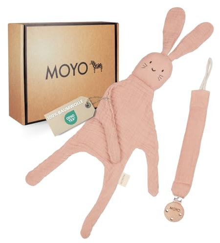 MOYO Baby Geschenk Set aus Musselin I Zartes Rosenholz I 2-teiliges Geschenkset mit Schnuffeltuch-Hase & Schnullerkette I Geschenk zur Geburt für Junge & Mädchen I Babygeschenke für Neugeborene