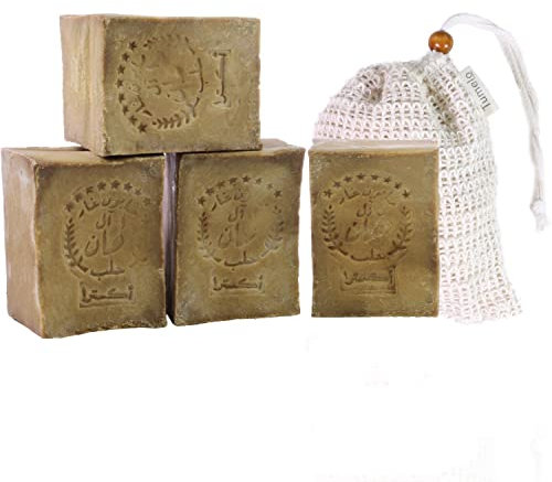 TUMELO Sapone di Aleppo Originale 4 x 200g (800g) 95% Olio d'Oliva 5% Olio di Alloro + Sacchetto di sapone - Sapone all'Olio d'Oliva fatto a mano - Sapone naturale - Sapone solido per capelli