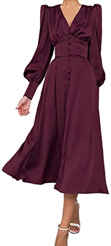xxxiticat Dam långärmad satin maxiklänning långa lyktärmar knappslå volanger en rad vintage puffärmar midiklänningar, vin, XL