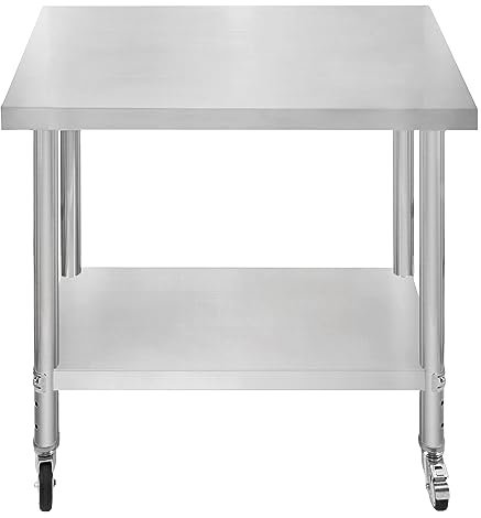 KuKoo Catering Work Bench Table Stainless Steel Food Prep Kitchen Mobile 4 x Castor Wheels With 2 Brakes & 4 Adaptable Feet Adjustable Lower Shelf 3 Positions 160kg Load Capacity 90cm x 60cm x 86cm