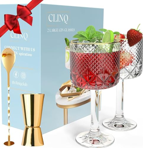 CLINQ Gin Glasses Set of 2 - Luxury Gin Gifts for Women or Men - Inc 2 x Gold Rim G&T/Cocktail Glasses, Spoon & Double-Sided Measure I Gin Gift Sets for Women I Gin Lovers Copa