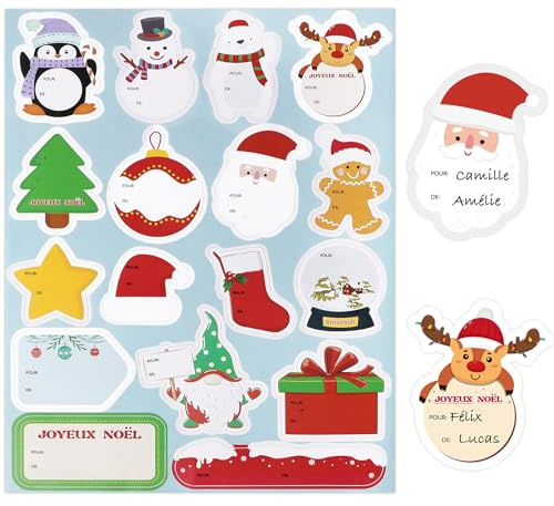 85Pcs Étiquette Autocollant Noël en Français Joyeux Noël 17 Formes Père Noël Bonhomme Neige Renne Sapin Sticker Auto-adhésif pour Sac Cadeau Carte Enveloppe