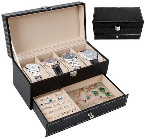 TOTSUN Watch Box, 4 Slots Watch Case Leather Watch Storage Box, Watch Box for Men with Watch Holder for Jewelry Bracelets Necklaces Rings, Double-layer