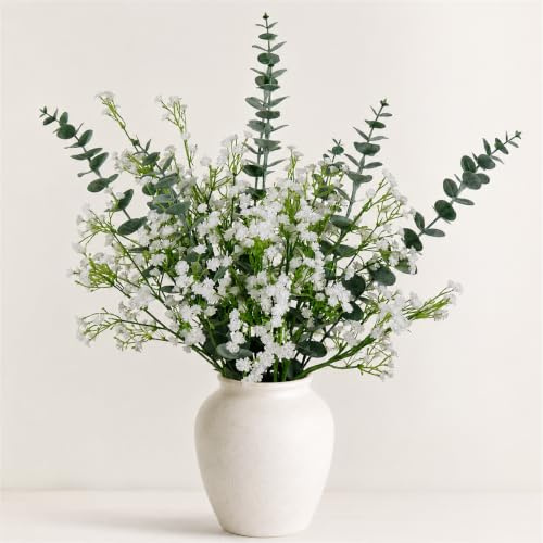DEEMEI 18Pcs Artificial Babys Breath Eucalyptus Stems Leaves Flowers, Fake Silk Eucalyptus White Gypsophila Artificial Flowers Arrangement Home Table Wedding Party Decor