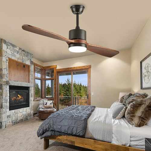 Luyaim Holz Deckenventilator Mit Licht Und Fernbedienung Leise Reversibel Dc Motor 6 Geschwindigkeiten Licht Mit Ventilator Für Schlafzimmer Wohnzimmer Led Dimmbare Ventilator Lampe Design-B-122CM
