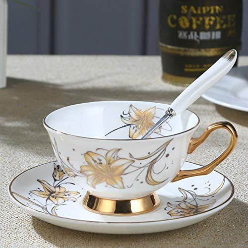 asdchZen Porzellan-Teesets, europäischer Stil, Knochenporzellan, Kaffeetasse und Untertasse, Kaffeetassen-Set Englischer Nachmittagsteetasse mit einer Vielzahl von Stilen (Goldene Lilie)