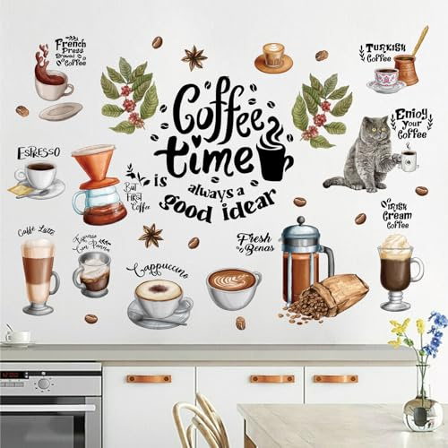 36 Stück | Coffee Time Wandtattoo | Sprüche und Zitate Küche | Katze Kaffeetasse Kaffeebohnen Wandaufkleber | Wanddeko Geschenke für Wohnzimmer Esszimmer Kaffee-Bar Küche Schrank