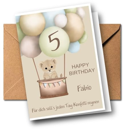 Personalisierte Kinder Glückwunschkarte zum 1. 2. 3. 4. 5. 6. 7. usw. Geburtstag, Grußkarte, Geburtstagskarte personalisiert, verschiedene Tiermotive (Löwe)