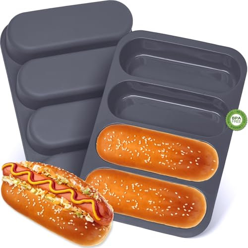 GDDGCUO Molde de silicona para moño de perrito caliente, molde estándar de 6 pulgadas, 4 tazas antiadherentes para hornear panecillos caseros, mini sartenes para baguette, apto para lavavajillas, 2