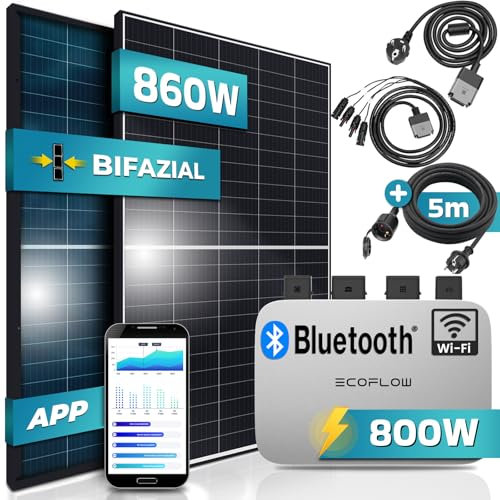 SUNNIVA 920W Balkonkraftwerk BIFAZIAL FULLBLACK komplett Steckdose Ecoflow 800W Wechselrichter, PV Solaranlage, 2x 460W Glas-Glas Solarmodule, inkl. 5m Kabel, Bluetooth WIFI, Komplettset