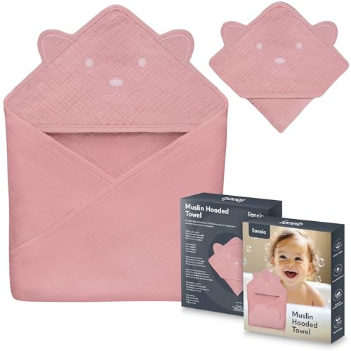 lionelo MUSLIN HOODED TOWEL Asciugamano con Cappuccio 80x80cm per neonato 100% Cotone Naturale Swaddle in Mussola dopo Bagnetto Mantella da Bagno Traspirante Morbida per Bambini (Rosa, 80x80 cm)