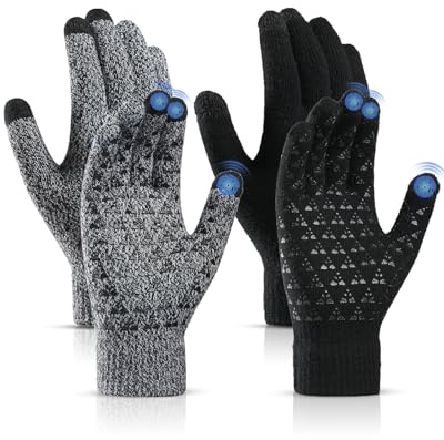 2Pairs Winter Thermal Gloves Men Women Touch Screen Knitted Warm Anti Slip Gloves with Soft Lining for Driving Running Cycling Ski Outdoor (Black + Grey)