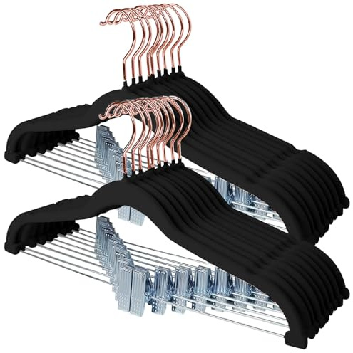 Stormix Pants Hangers, 24 Pack Vevlt Skirt Hanger with Clips, Heavy-Duty Clothes Hangers for Shorts, Pants, Skirts, Dresses, Jackets, Coat Black (Rose Gold Hook)