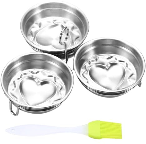 Set di 3 stampi per uova in acciaio inox | Vapore antiaderente con portauova e spazzola | da cucina per la preparazione di uova, per uova in camicia, uova fritte e stampo