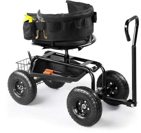 Outvita Gartenwagen, Rollbarer Gartenroller mit verstellbarem 360-Grad-Drehsitz, ausziehbarem Griff, Werkzeugablage und Aufbewahrungskorb, Gartenhocker zum Bepflanzen (schwarz)
