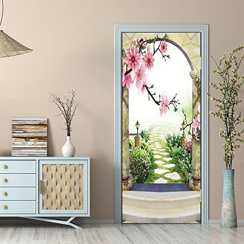 3D Türaufkleber Bogen Blumen Türtapete Wandbild Selbstklebend PVC Wasserdicht Abnehmbar Türfolie TürPoster Fototapete Wohnzimmer Schlafzimmer küche bad büro Dekoration B90 x H200cm