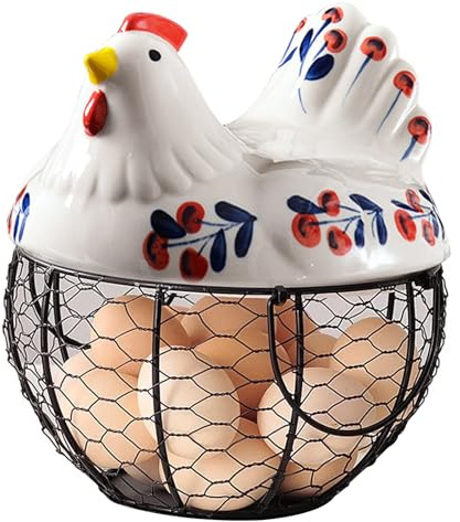 Ceramic Chicken Egg Holder, Hollow Wire Egg Basket with Lid, Non-Slip Countertop Egg Storage with Handle