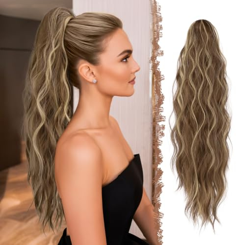FESHFEN Gewellt Pferdeschwanz Haarteil mit Klammer, Cruly Lang Zopf Extensions Claw Clip in Wavy Ponytail Extension Synthetik Haarverlängerung für Frauen Damen 63cm Hellbraun und Blond