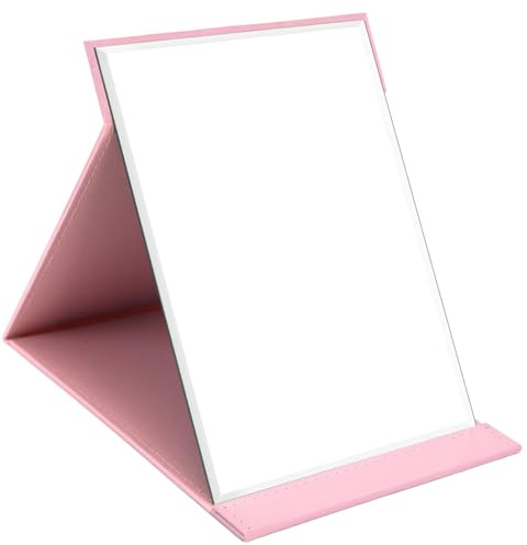 WISYOK Espejos de Mesa Portátil, Espejo Maquillaje Plegable, Espejo de Mano de Cuero PU, Super HD Espejo De Viaje con Soporte Ajustable para Escritorio Baño Dormitorio Camping - 25x18cm (Rosa)