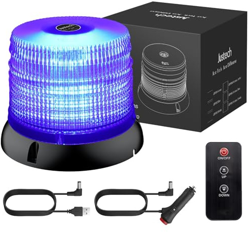 Justech Rundumleuchte Dreh-Stroboskop Licht 72LED Blitzleuchte Warnblinklicht E57, Kabellose Warnleuchte Blau mit Fernbedienung mit IP65 6 Blitzmodi Warnblinkleuchte Magnetfuß für 12V/24V LKW usw