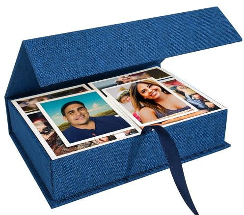 Hiwhy Photo Storage Box 20.5x25.5 cm, Linen Photo Box, Memory Boxes Perfect to Store Your Pictures, Certificates, Scrapbooking Supplies, Keepsakes and Jewelry Blue