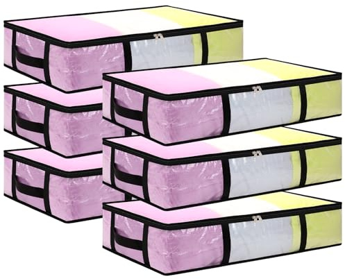 Dntorx 6 Stück 60L Unterbett Aufbewahrungsbox Transparent Faltbar mit Griff | PP-Material, Faltbar, Reißverschluss, 4 Verstärkte Griffe, Staubgeschützt, Für Kleidung, Decken Und Kissen