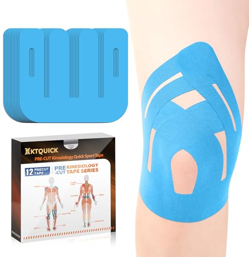 Precut Kinesiology Tape for Knees, KTQUICK 12PCS Sports Tape for Knee, New Waterproof Athletic Support Tape, Discomfort Relief & Breathable Elastic Tape Strapping for Sports and Muscle Pain(Blue)