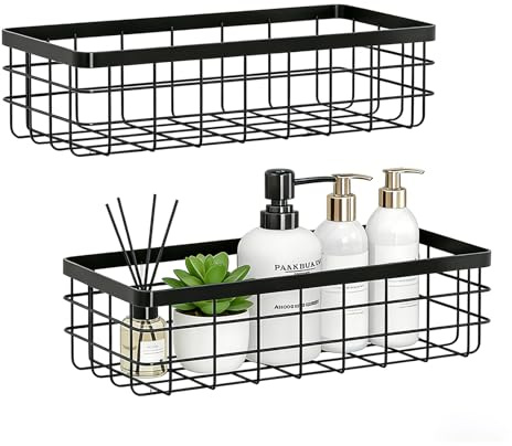 Hanging Wire Storage Baskets, Metal Small Wire Wall Organizer, Adhesive Wall Storage Shelves for Kitchen, Bathroom Pantry (Spice Rack, Cabinet Organizer, Shower Caddy) Black-2 Packs