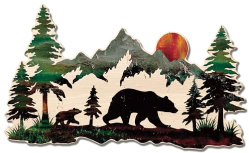 GLOBLELAND Vintage Forest Mountain Metal Tin Sign 10.6x6.4 inch Retro Bears Silhouette Plaque Metal Wall Decoration Sunset Metal Wall Art Decor for Holiday Home Mountain Village Cottage Courtyard