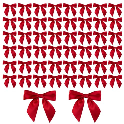 ZORVYN 50-teiliges Set mit Satinschleifen, vorgefertigte Schleifen mit Drahtrücken zum Verpacken von Geschenken und für Bastelarbeiten, geeignet für Weihnachten (rot)