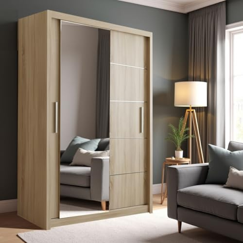 VENICE 2 & 3 Doors Sliding Mirror Wardrobe Modern Free Standing Bedroom Furniture with Adjustable Shelves, Drawers & Hanging Rails Multiple Colours & Sizes 120/150/180/203/250 cm (Oak, 120cm)