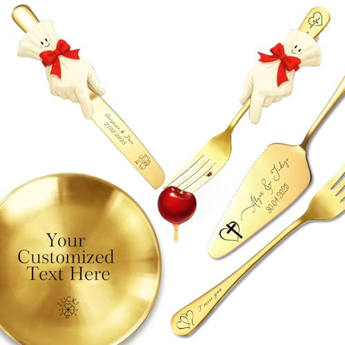 RSQGT Personalized Wedding Cake Knife Server Set 5 Pcs Stainless Steel Cake Cutting Knifes, Elegant Bridal Pastry Cake Cutter Customize Gifts for Wedding Anniversary Birthday (Gold 5-piece Set)