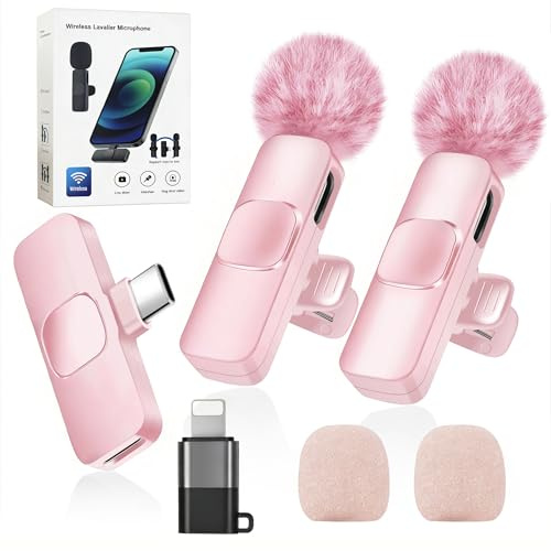 Mini micrófono inalámbrico de solapa de doble micrófono-Micrófono de clip con cancelación de ruido 2 en 1 para iPhone iPad (15 y más) Android para videoblogs podcasts YouTube TikTok vídeos (rosa)