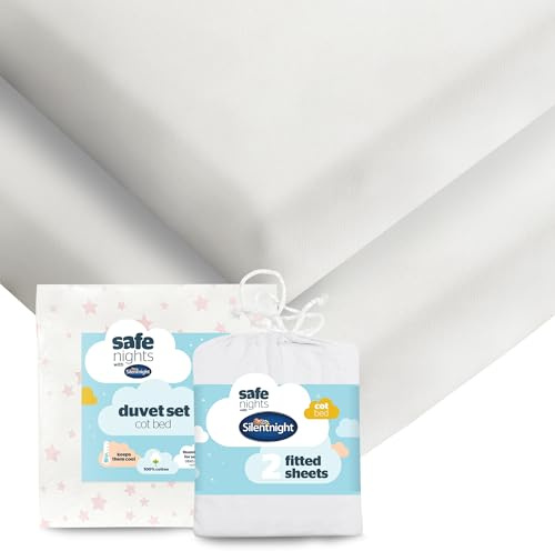 Silentnight Safe Nights Cot Bed Duvet Set & Fitted Sheet - Breathable 100% Cotton Jersey - Super Soft Kind to Skin - Bed Set Cover with Pillowcase for Toodler Child Junior Quilt - Pink Star, White