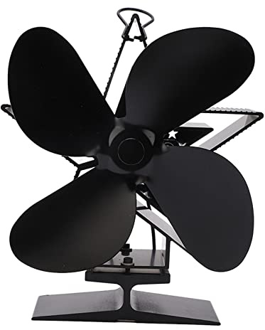 QWUUYEC Ventilatore da forno a 4 fogli, con controllo termico, circolazione dell'aria calda, lega di alluminio, colore nero, a basso rumore, ideale per stufe a legna e a pellet