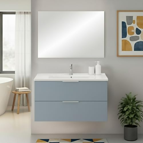 Inbagno Mobile Bagno Sospeso 100 Cm Azzurro Polvere Con 2 Cassetti Soft-Close Lavabo In Ceramica E Specchio Rettangolare – Linea Elva