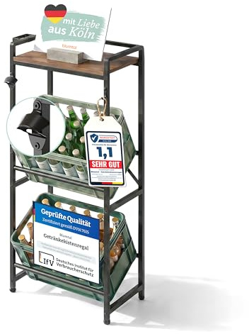 Blumtal Getränkekistenregal 2 Kisten mit Ablage Holzoptik - Kistenregal Metall/Getränkeregal + integriertem Flaschenöffner & Haken - Regal Getränkenkisten Belastbarkeit bis 50 kg pro Ebene Schwarz